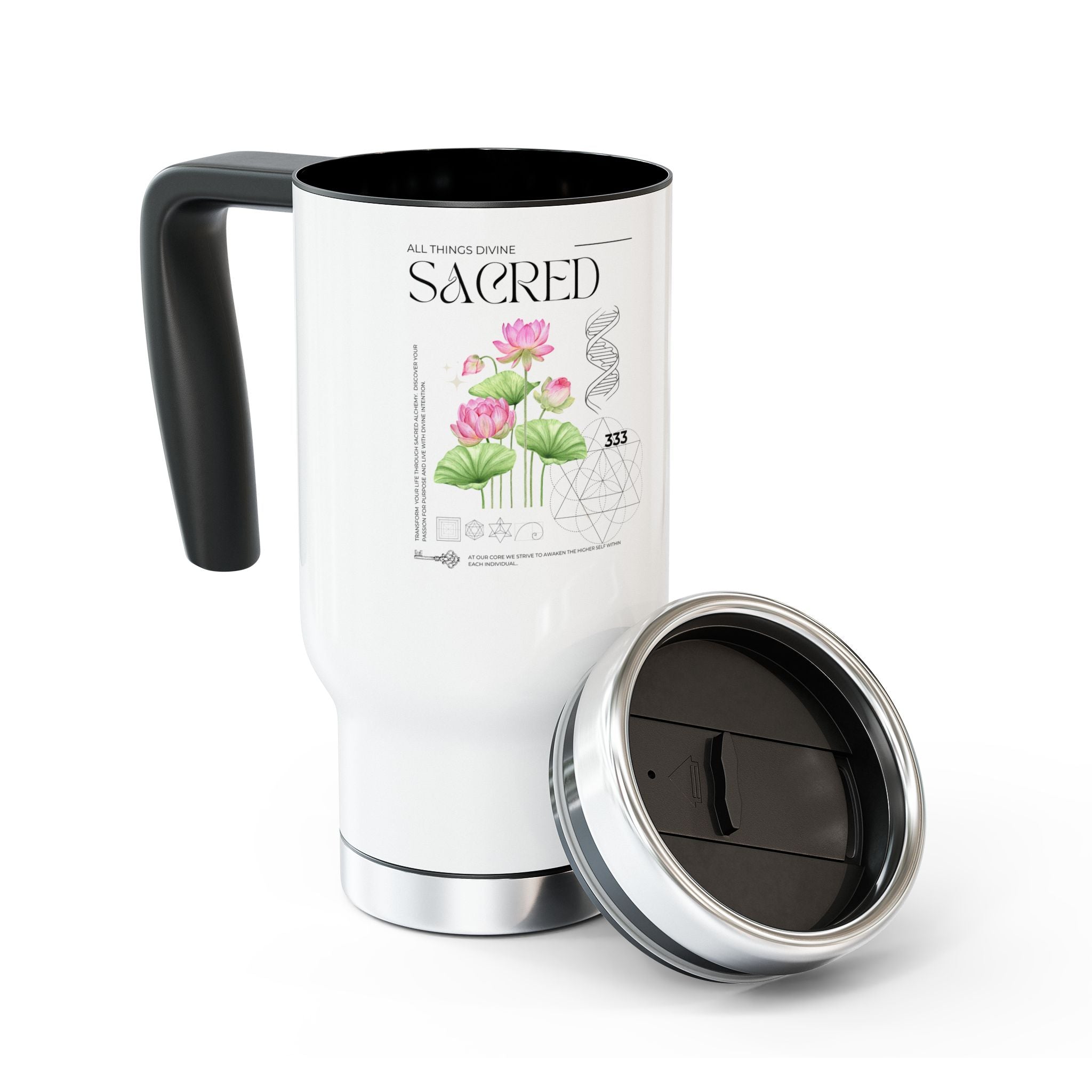 Sacred Lotus Travel Mug — 14oz Stainless Steel Tumbler with Handle
